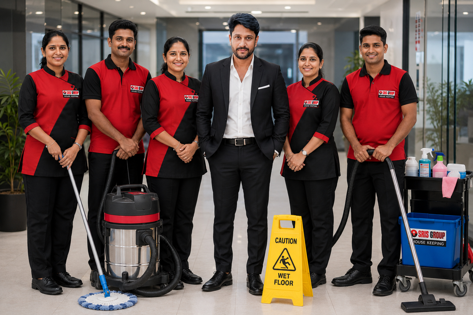 Housekeeping team in red and black SRIS uniform
