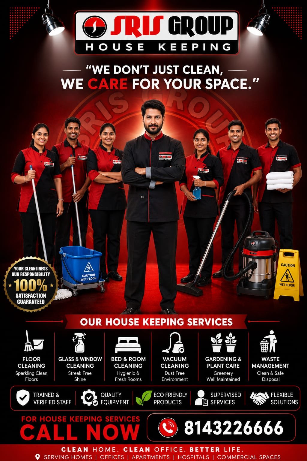 SRIS Group housekeeping team ready for office and home cleaning