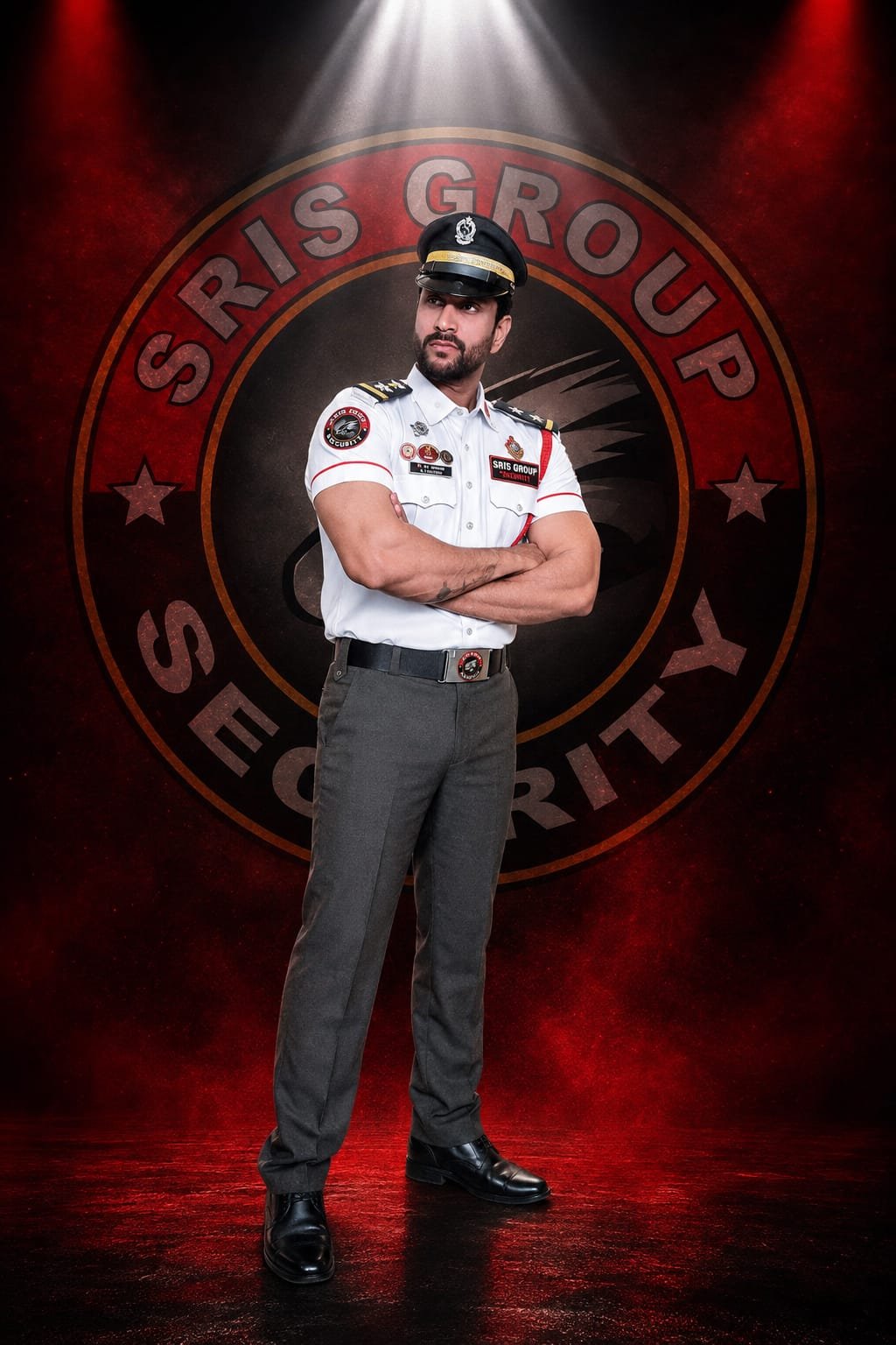 SRIS Group standard security uniform with white shirt and elephant grey trousers